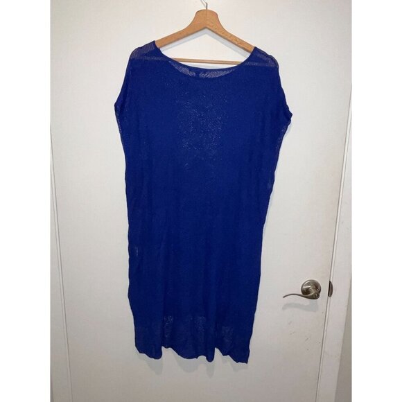 Eileen Fisher Adriatic Blue Rayon Nylon Crinkle Diamond Tunic Sweater Women's L - Picture 2 of 11